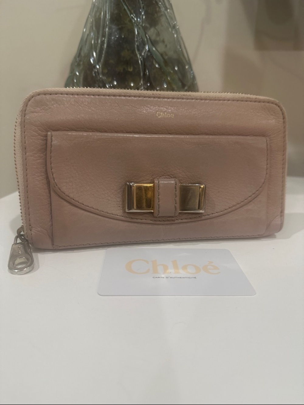 Chloé Blush Pink Leather Zip Long Wallet with Gold Bow